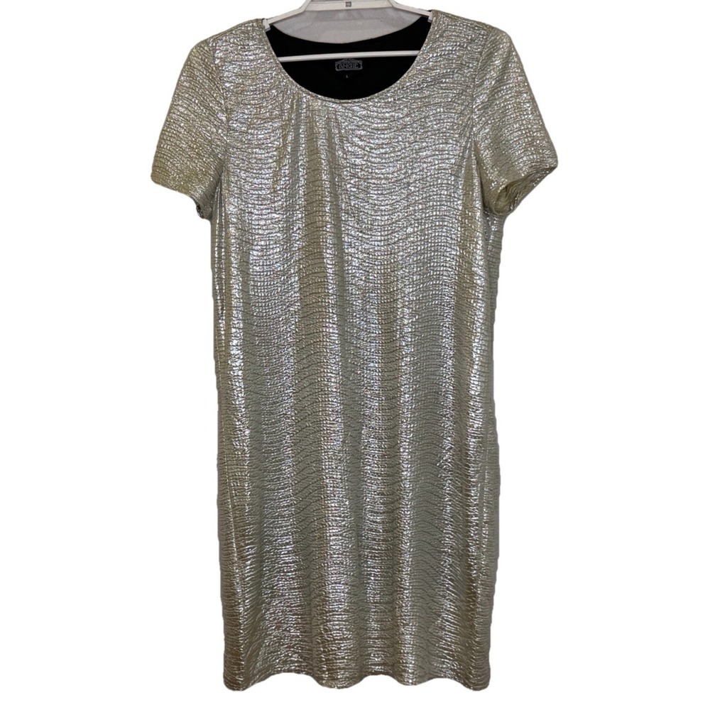 Angie Shift Dress Womens Size Large Silver Metallic Short Sleeve Lined Party